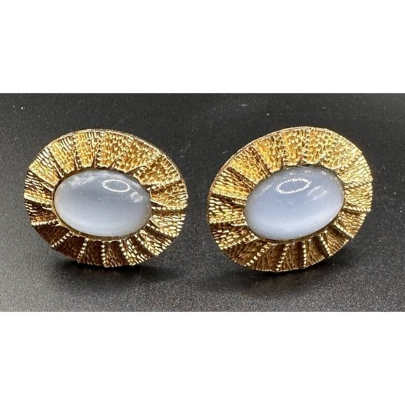 Ornate Goldtone Light Blue Moonglow Glass‎ Cufflinks - Picture 1 of 6